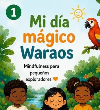 Portada del libro “Mi día mágico Waraos” con niños meditando junto al río