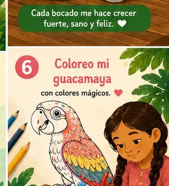 Ilustración de una niña coloreando una guacamaya con colores mágicos