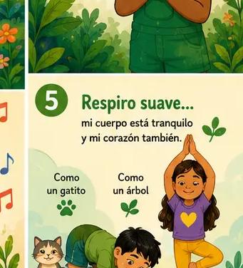 Ilustración de niños respirando suave, como un gatito y como un árbol